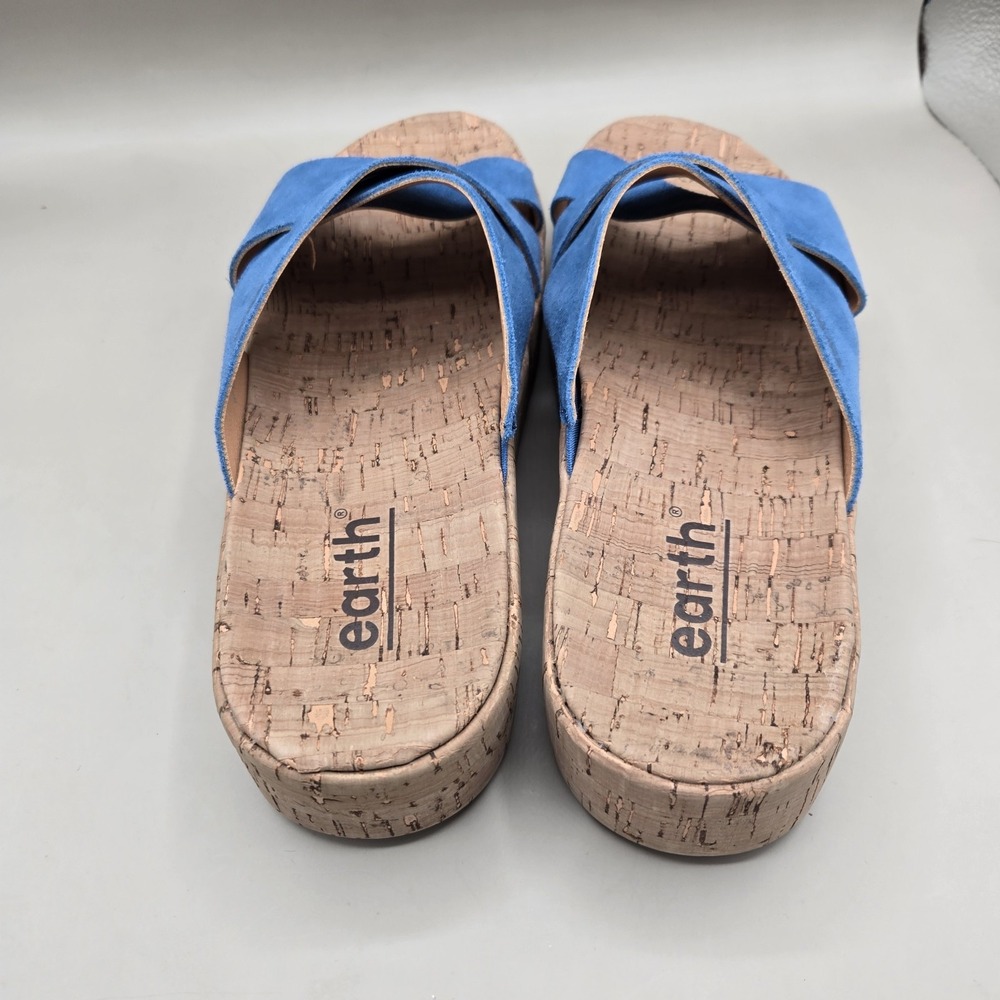 Earth Scout Blue Suede Slip On 8.5 M Sandals Cork Chunky Comfort Boho Minimal - Picture 2 of 7